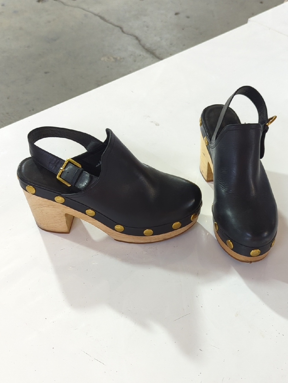 Charlotte Stone Black Leather Slingback Clog Heels with Wood Platform